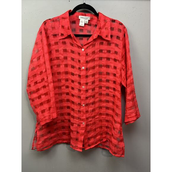 Coldwater Creek Shirt Womens Large‎ Sheer Check Linen Blend Button Up 3/4 Sleeve - Picture 1 of 7
